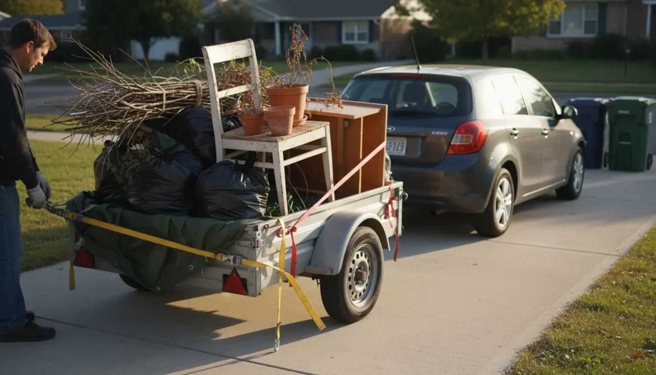 En bil med trailer læsset med haveaffald og små møbler, hvor en person spænder en rem.