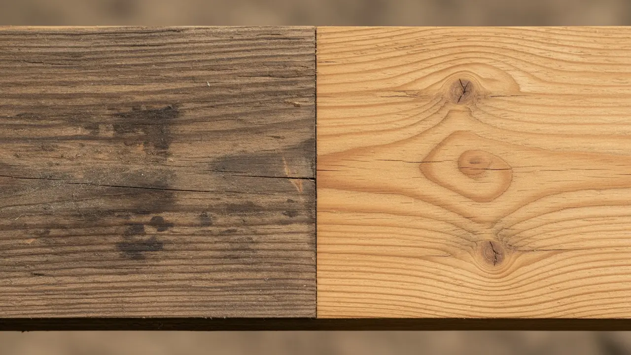 Før-og-efter tæt billede af træplanke med plet fjernet efter oxalsyrebehandling