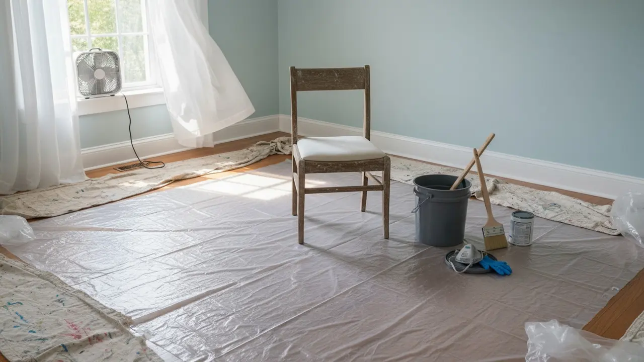Arbejdsområde med plastikpresenning under træemne og åben ventilation