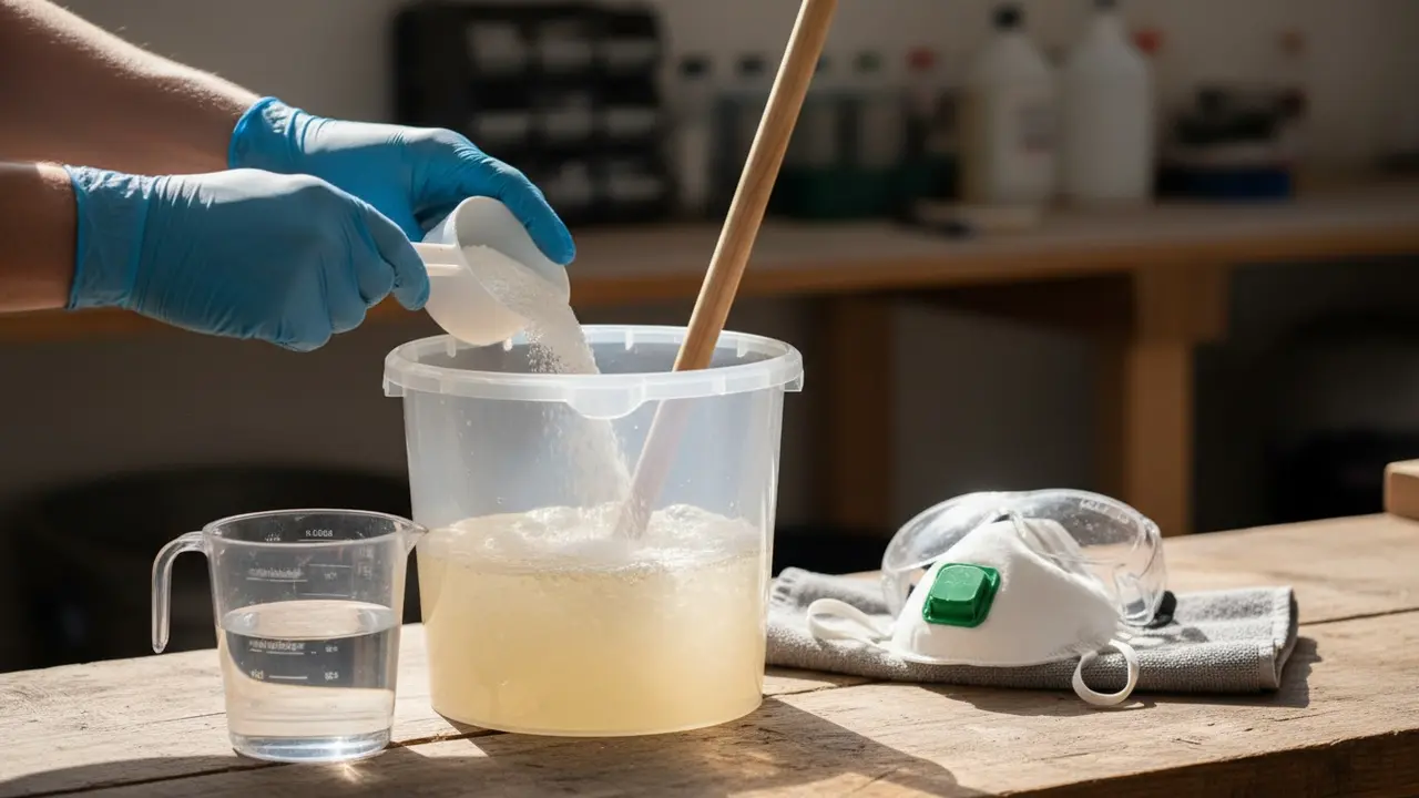 Person i nitrilhandsker blander oxalsyrepulver i plastikspand med rørepind