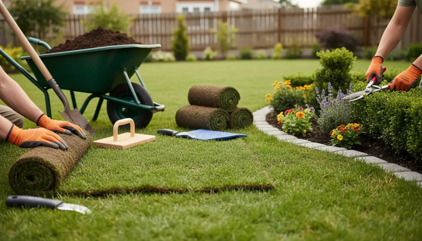 Anlægning af rullegræs og plantning af små bede i en privat have, mens en lav hæk bliver trimmet.