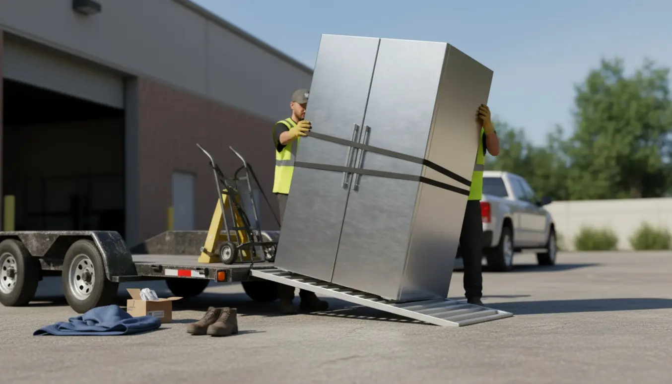 To arbejdere læsser et industrikøleskab på en trailer uden for en bygning, ansigter ikke synlige.