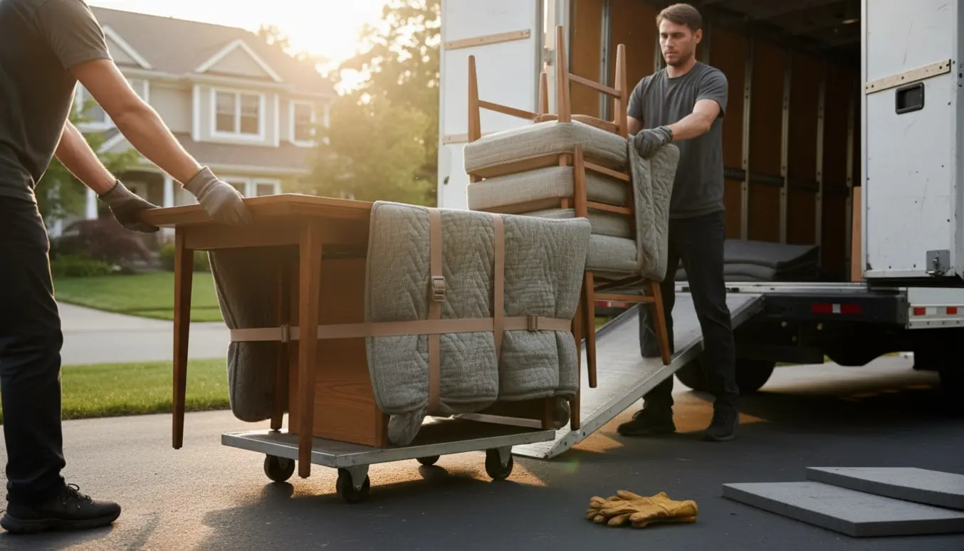 To personer løfter et træspisebord ind i en varebil, mens seks matchende stole er pakket og stablet ved siden af.