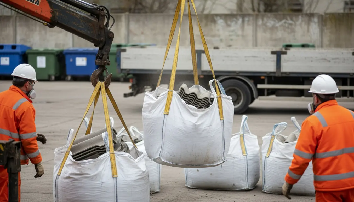 Kran løfter en bigbag med asbestholdige tagplader, mens værnemiddelklædte arbejdere står i baggrunden.