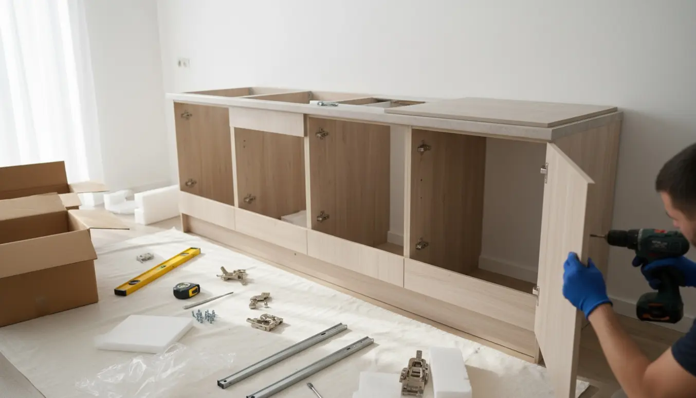 Hænder monterer et mindre fladtpakket køkken uden overskabe med ovn- og opvaskemaskineudskæringer og værktøj på en beskyttelsesdug.