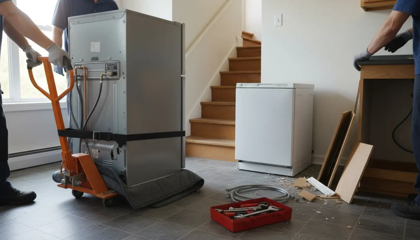 Køleskab og opvaskemaskine på dolly i en lejlighed ved trappeopgang med værktøj og ødelagte skabsdele klar til afhentning.