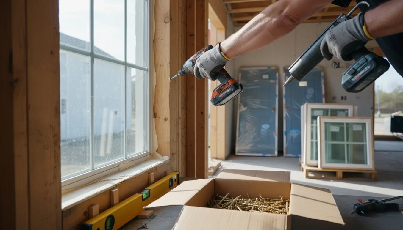 Hænder isætter et lille vindue i et nyt træskelet med bor, skruer og fugepistol i nærheden.