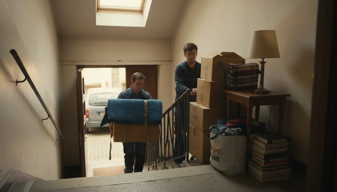 To personer bærer kasser ned ad en bagtrappe fra et loftsrum og læsser dem i en bil til genbrug.