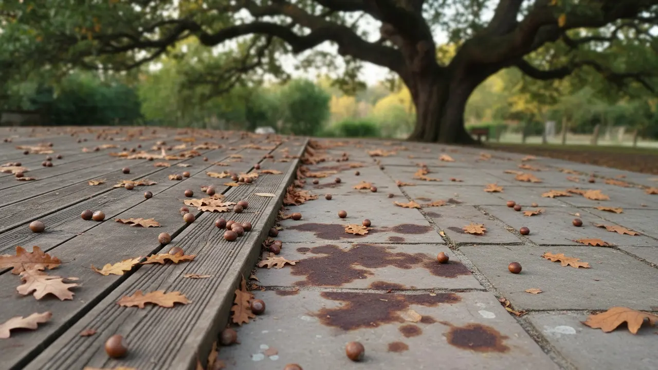 Egetræ med blade og brune garvesyrepletter på træ- og stenoverflader.