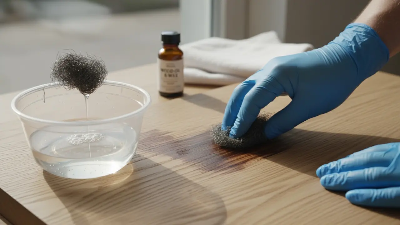 Nærbillede: person med handsker gnider garvesyreplet med fin ståluld i træets fibre.