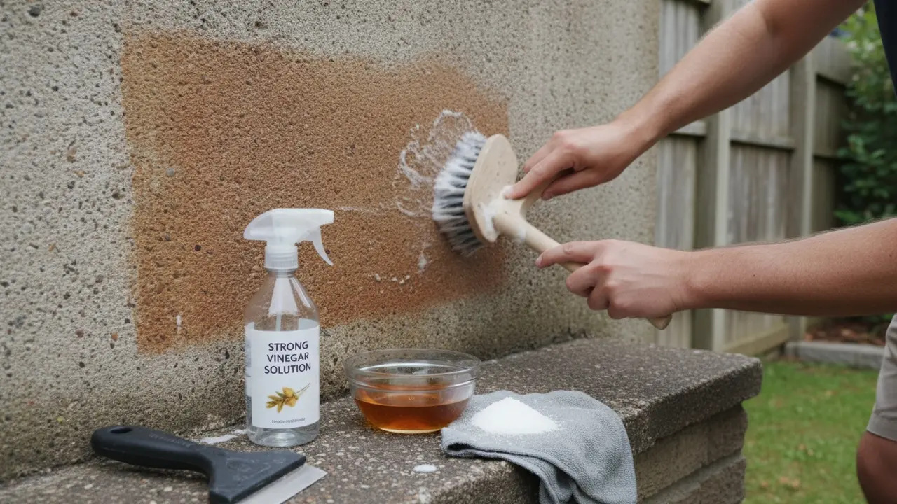 Rengøring af murværk: stiv børste og eddikeopløsning fjerner brune garvesyrepletter.