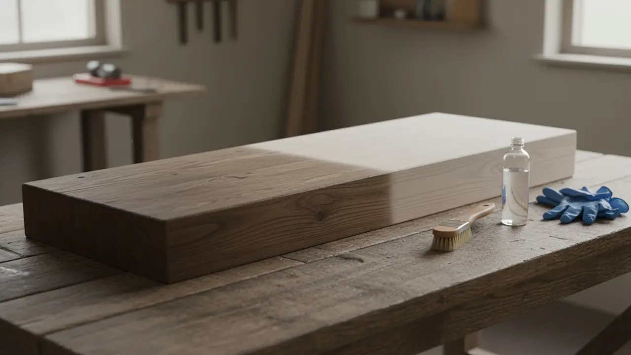 Træplanke med halvt mørk og halvt lys overflade samt flask e, pensel og handsker