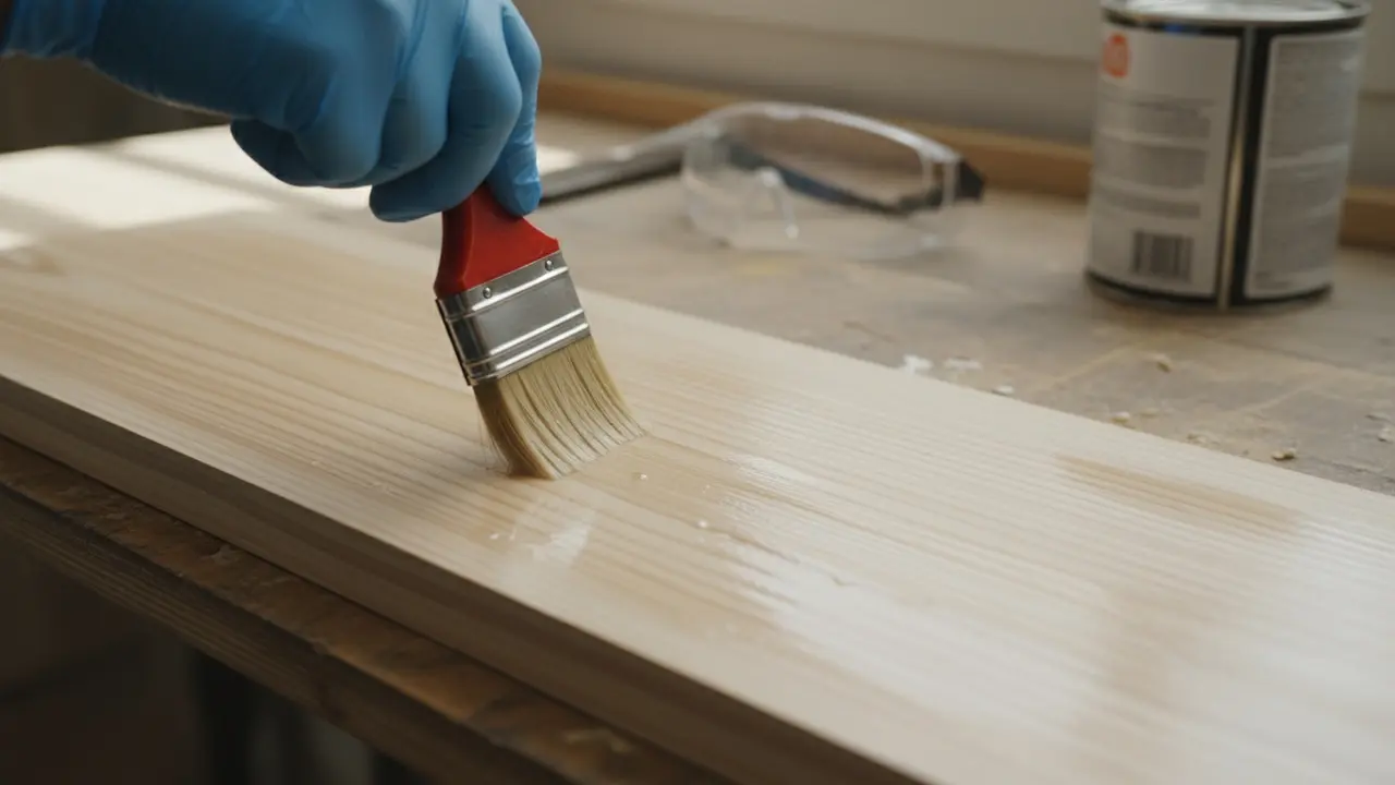 Nærbillede af pensel der påfører brintoverilte langs træets årer, handske synlig