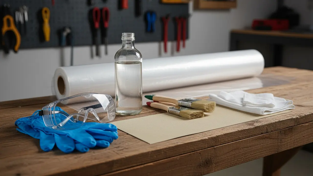Beskyttelsesudstyr og værktøj på bord: nitrilhandsker, briller, pensel, slibepapir og brintoverilte