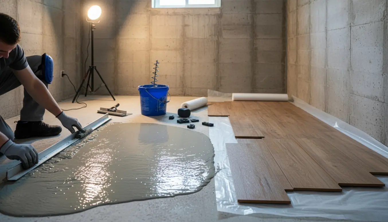 Kældergulv under spartling og nivellering med dampspærre og ege‑look vinylplanker klar til lægning.