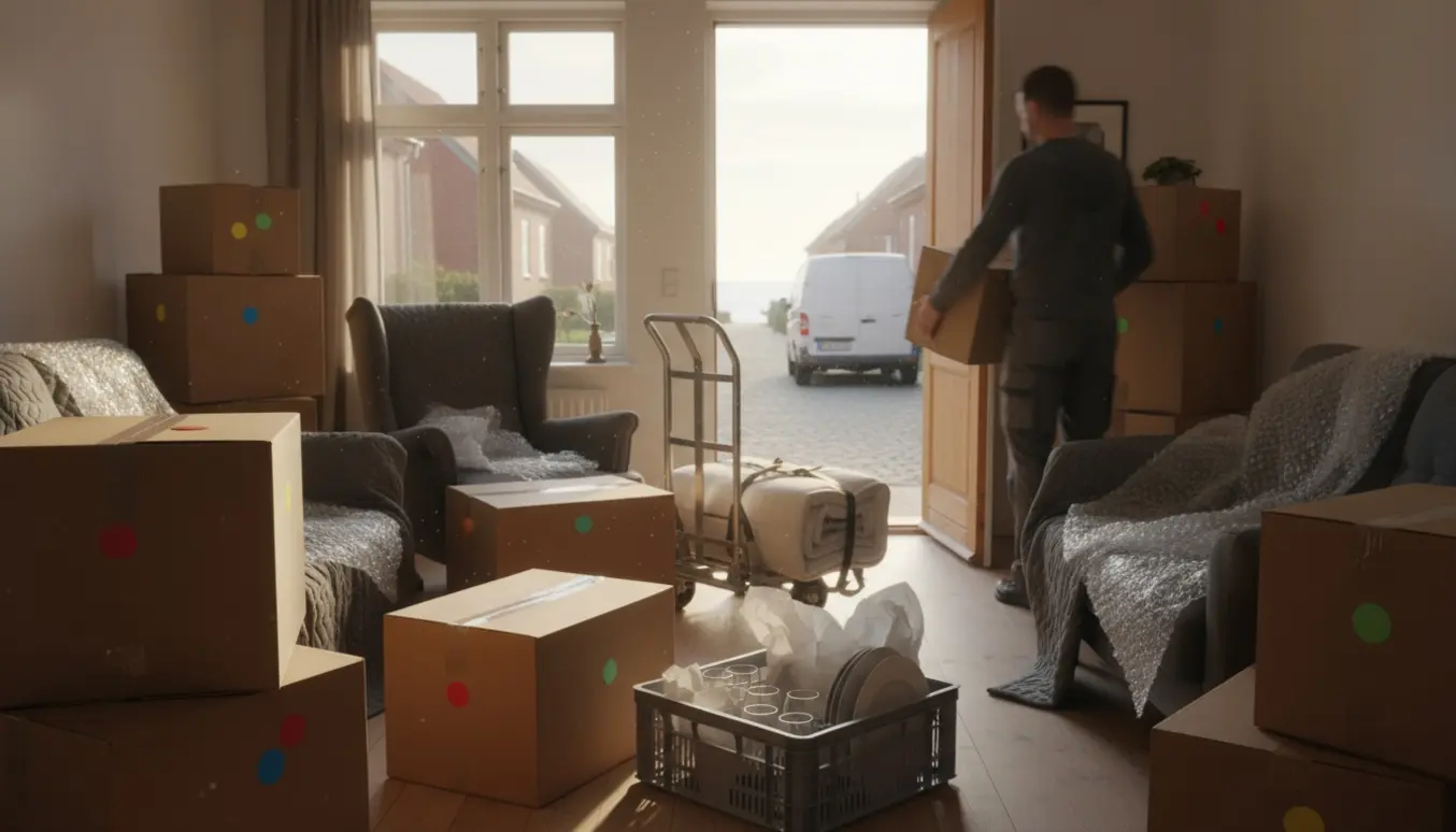 Flyttekasser og indpakkede møbler i en lille lejlighed med åben flyttevogn uden synlig tekst.