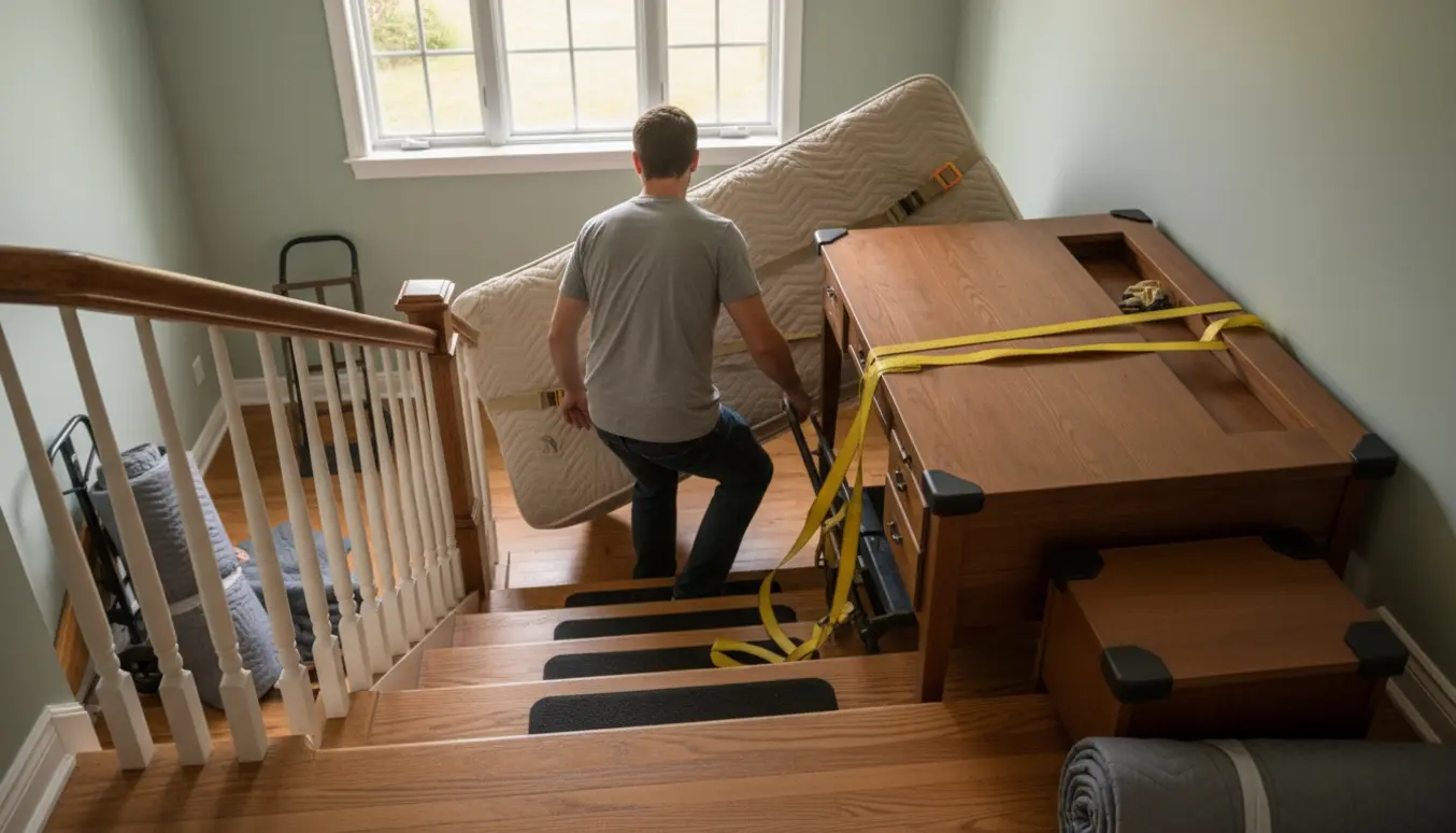 To personer flytter møbler mellem etager i et hus, en seng bæres ned ad trappen mens et tungt skrivebord står på en trappevogn.