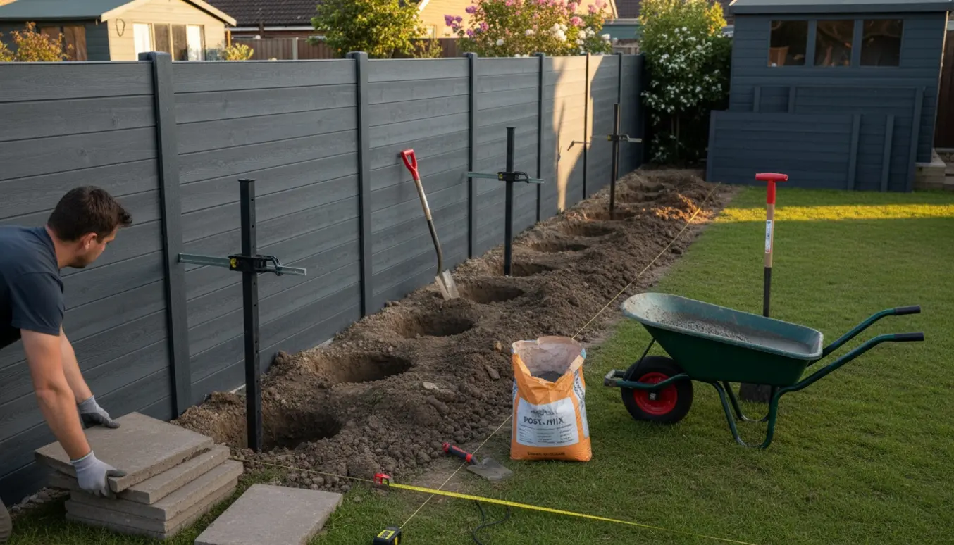 Hænder fjerner fliser, graver hul og støber stolper til opsætning af komposithegn i en have.