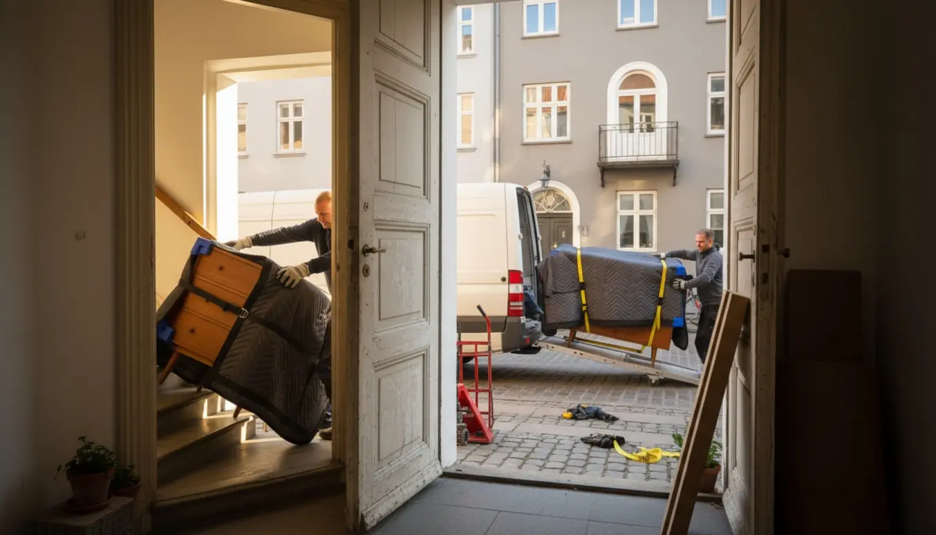 Tre kommoder pakket i flyttekits læsses ind i en ubrandet varevogn foran en københavnsk ejendom.