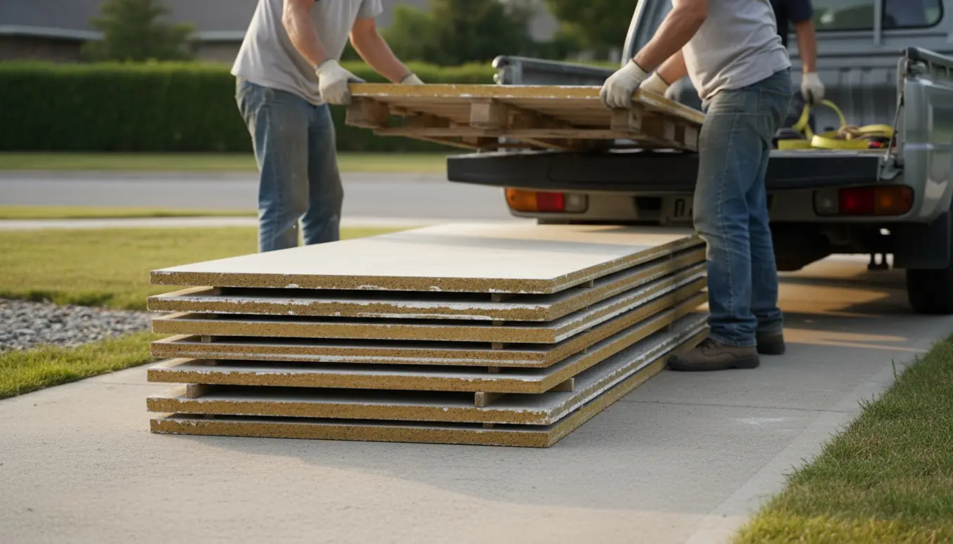 Fire stabler af eternitplader ved en pickup, arbejdere i handsker løfter pladerne uden at vise ansigter.