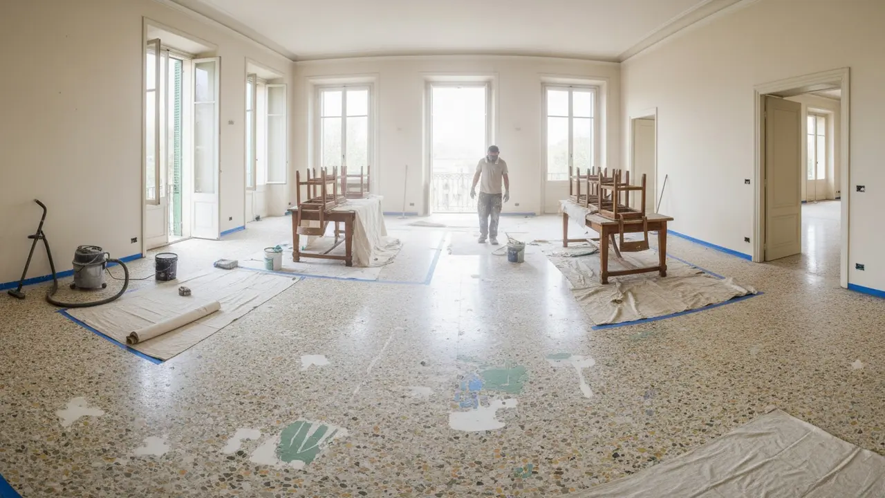 Terrazzo-gulv med malingspletter og arbejder, der dækker møbler og forbereder rummet.
