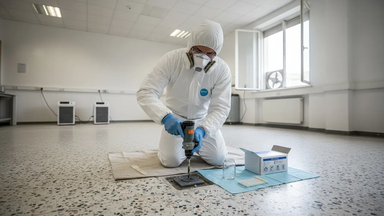 Tekniker i P2-maske og handsker tager prøve af terrazzo-gulv til asbesttest.