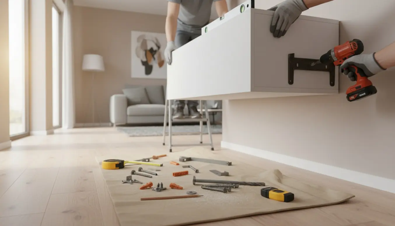 Et stort MDF-bogkasse monteres på en væg i en lys stue med boremaskine og beslag synlige.