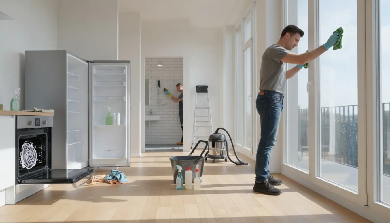 Tom lejlighed under fraflytningsrengøring med handsker, åben ovn og køleskab samt afkalkning af fliser.