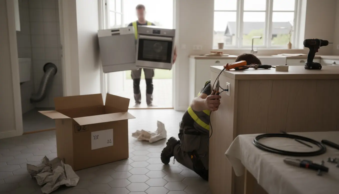 Elektriker udskifter ovn og installerer ventilationsstik i et enkeltplanshus med gamle hvidevarer klar til bortskaffelse.