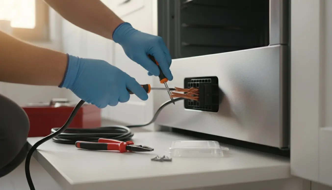 Nærbillede af hænder, der tilslutter en ovns elkabel i en moderne køkkeninstallation.