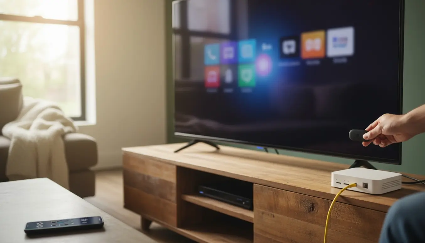 Hånd trækker en streaming-dongle ud af et TV med en fiber-router i baggrunden.