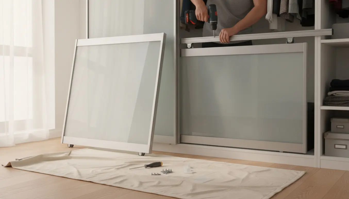 Hænder justerer glas-skydelåger på et PAX-garderobeskab med skruetrækker og skruer i naturligt lys.