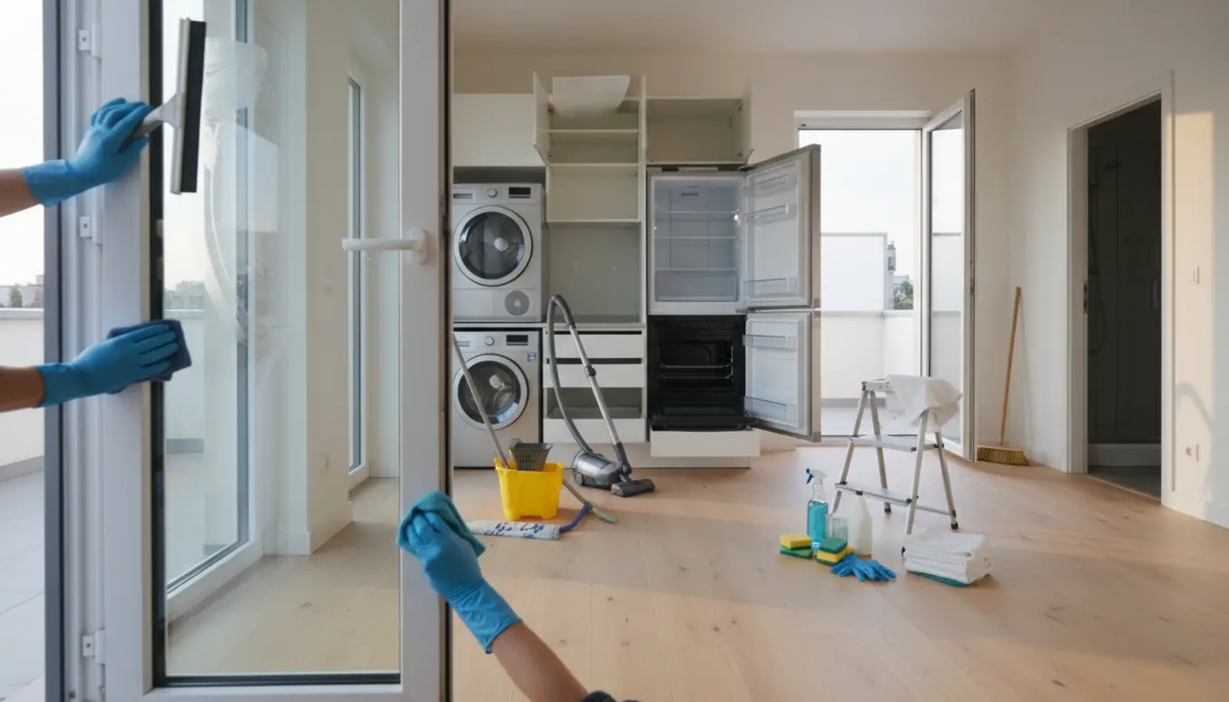 Tom 27 m² lejlighed under flytterengøring med vinduespudsning, rene skabe, hvidevarer og fejet terrasse.