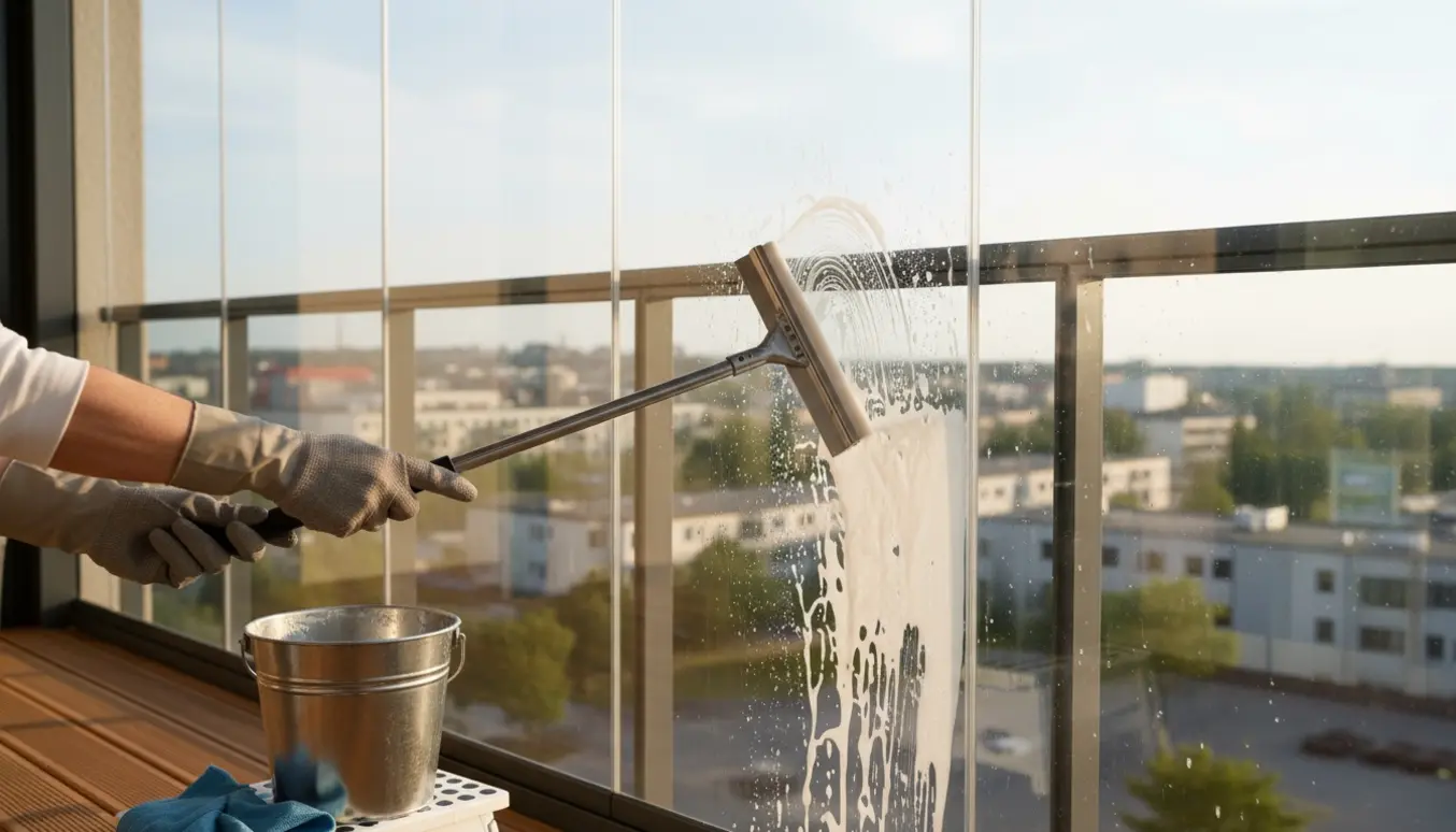 Hænder i gummihandsker pudser en glasaltan med tre store ruder og seks små ruder med en vinduesskraber.