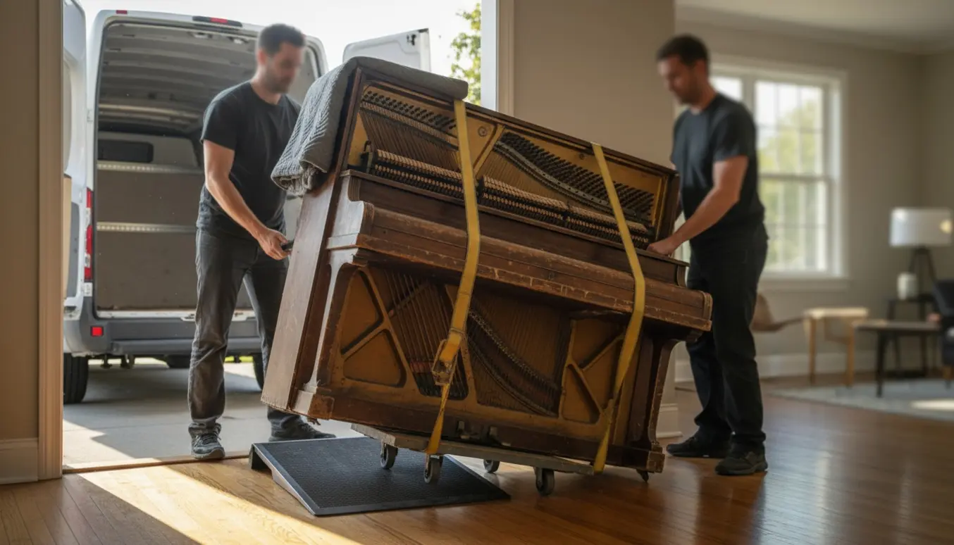 Et opretstående klaver med synlig jernramme løftes gennem hoveddøren og ind i en varevogn.