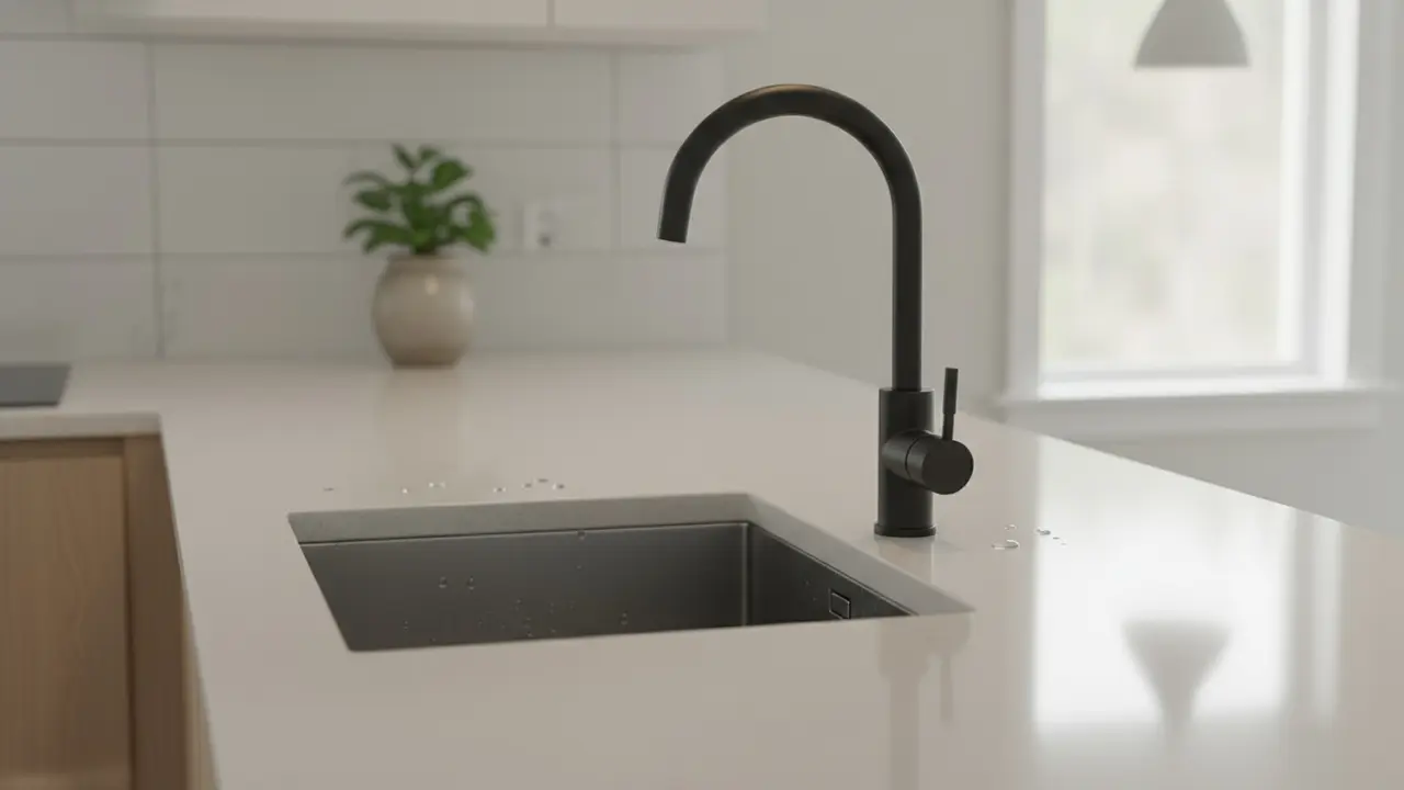 Moderne køkkenvask med mat sort armatur på lys bordplade, let fugt på overfladen.