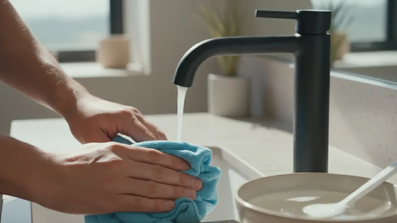 Hænder rengør et sort armatur med mikrofiberklud i cirkulære bevægelser, skål med lunkent sæbevand i baggrunden.