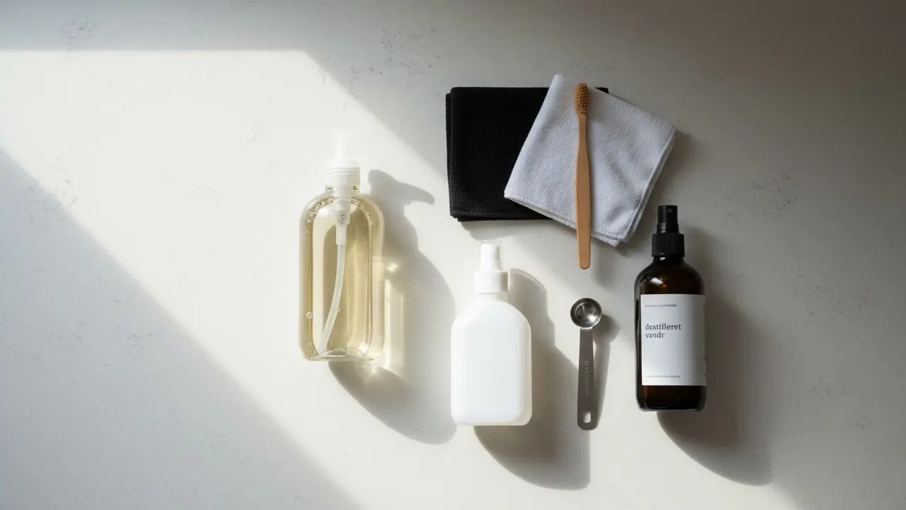 Oversigt over rengøringsmaterialer: mikrofiberklude, blød tandbørste, mildt opvaskemiddel, sprayflaske og destilleret vand.