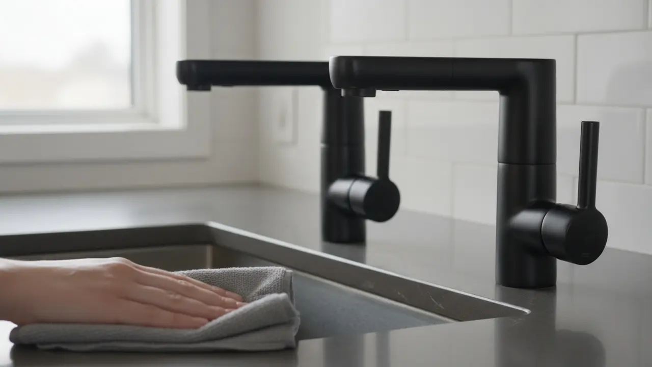 Nærbillede af to sorte armaturer side om side: mat finish og PVD-børstet finish, forskellig tekstur tydelig.