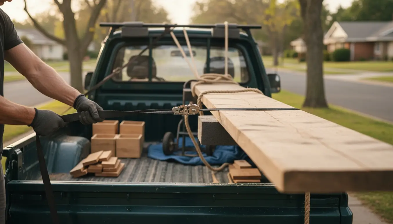 Lang træplanke og små trædele fastgjort med stropper på en bil i en stille indkørsel.