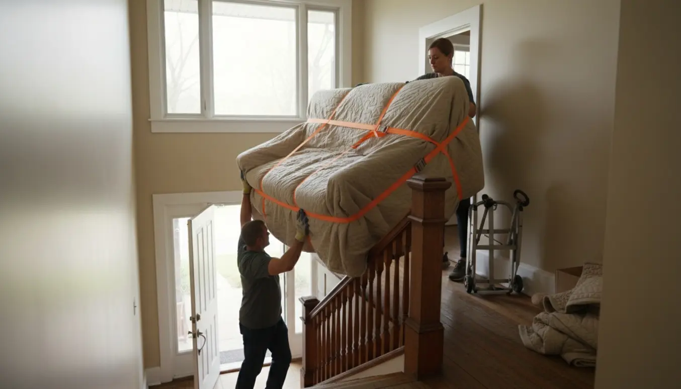 To flyttemænd bærer en indpakket sofa op ad en trætrappe mod 2. sal i varmt, naturligt lys.