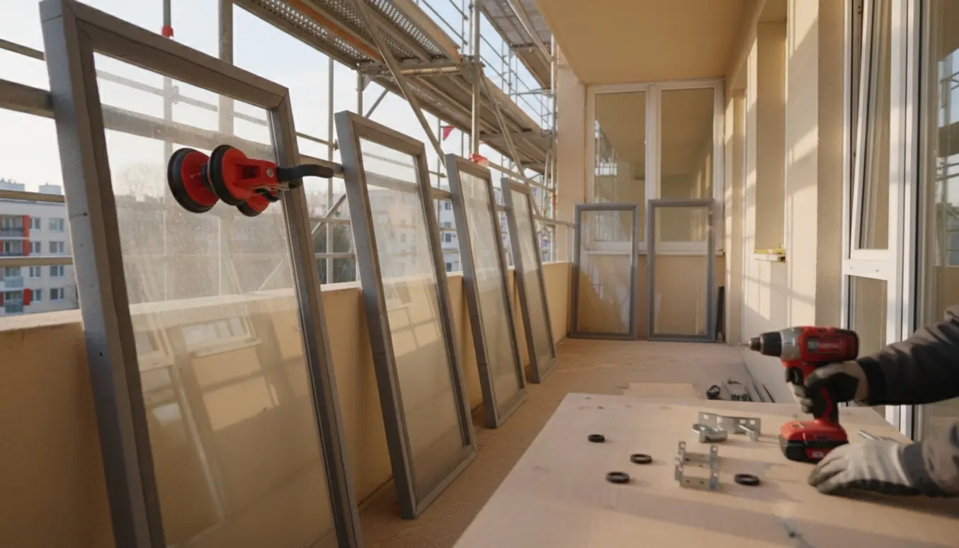 Glaspaneler fra en altan står klar til genopsætning med sugekopværktøj og monteringsdele i forgrunden.