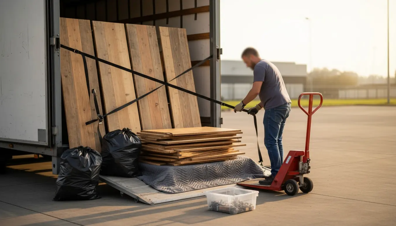 Adskilt skab med høje plader og hylder læsset i en varevogn ved genbrugspladsen med to fyldte sække.