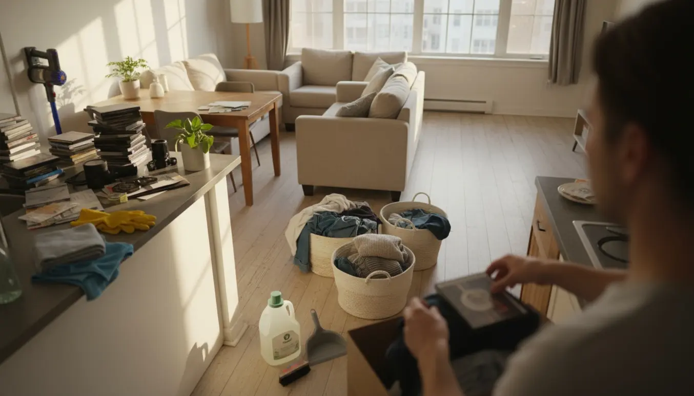 Lys lejlighed midt i oprydning, hvor en person sorterer dvd'er, vasketøj og allergivenlige rengøringsmidler.