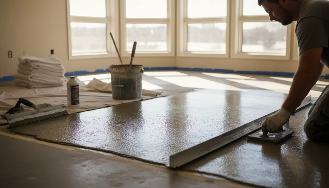Gulvnivellering i en lys stue med værktøj og hænder, der udglatter et tyndt lag nivelemørtel.