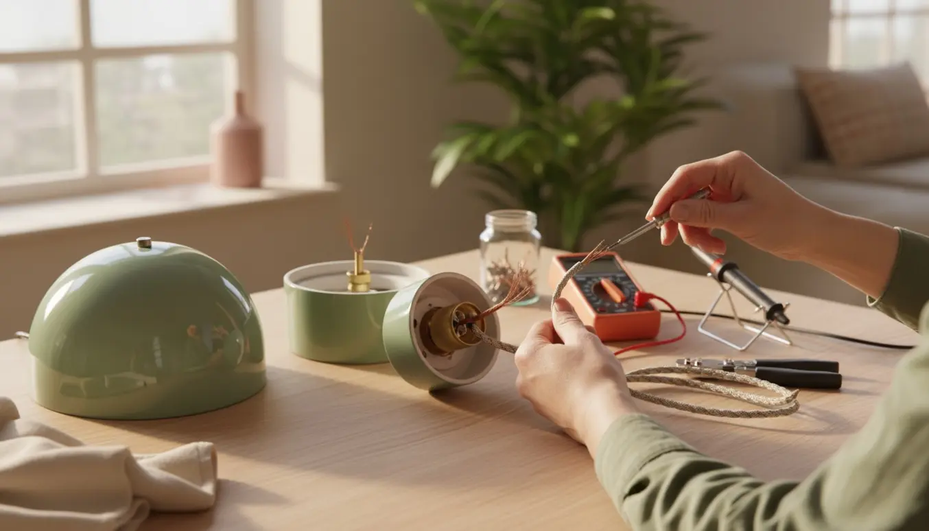 Hænder reparerer en Flower Pot bordlampe på et ryddeligt arbejdsbord med værktøj.