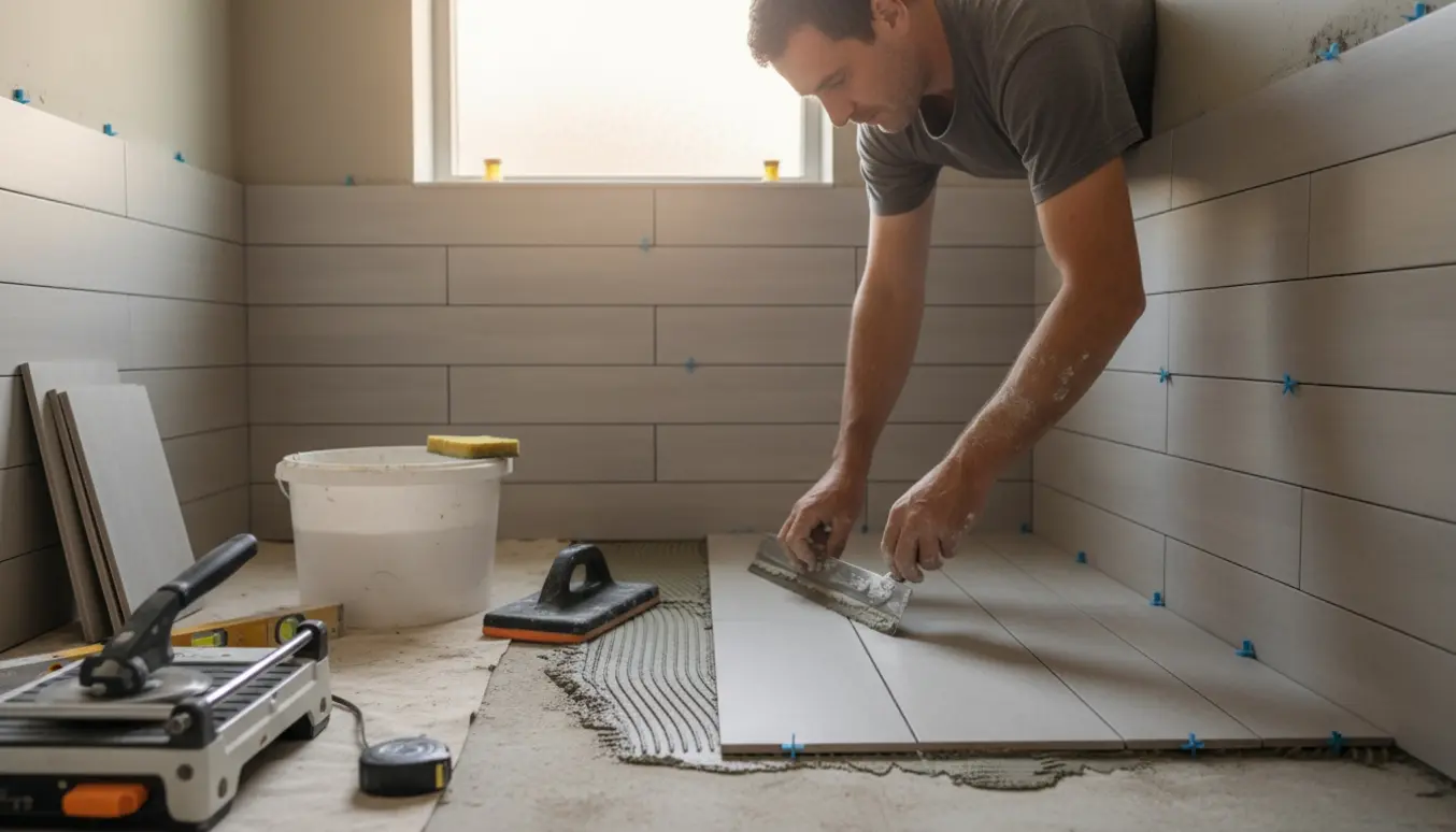 Hænder sætter 30x60 cm fliser på vægge og gulv i et lille toilet, med værktøj og flisekanter i fokus.