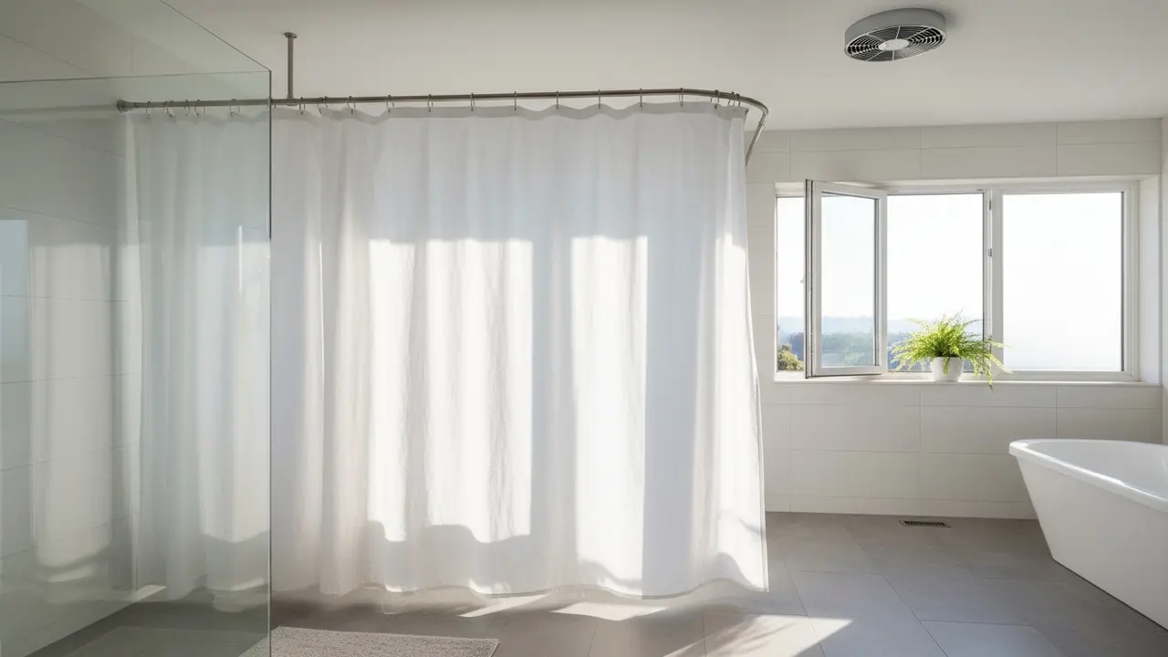 Badeforhæng trukket helt til side med åben vindue og ventilator, sollys tørrer for at forebygge skimmel