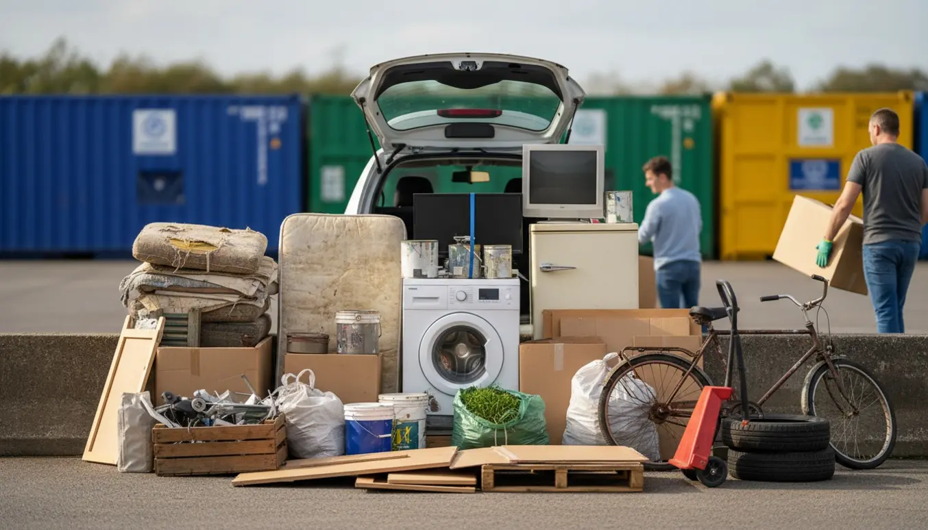 Bil og en samling møbler, elektronik og poser klar til aflevering på genbrugspladsen.