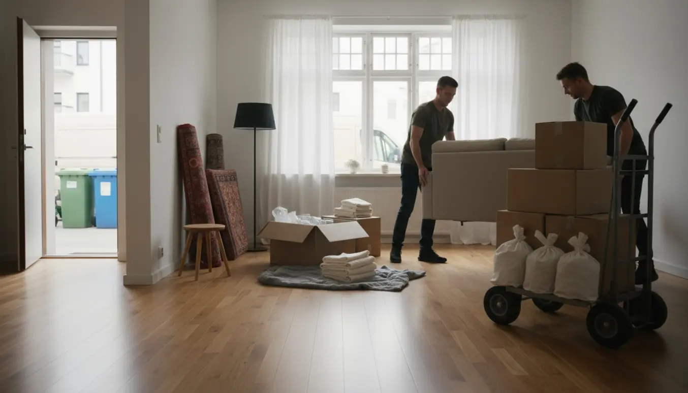 Soloplyst lejlighed med møbler, rullede tæpper, sække og flyttevogn klar til borttransport.